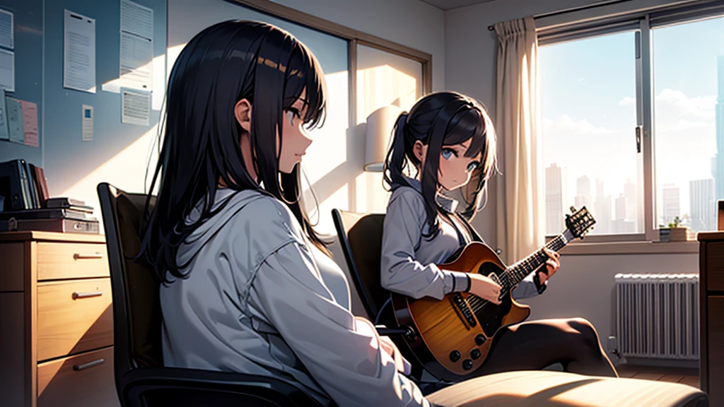Create an image of a girl playing a guitar, sitting in a chair in profile, in front of the window in her room, calm atmosphere.