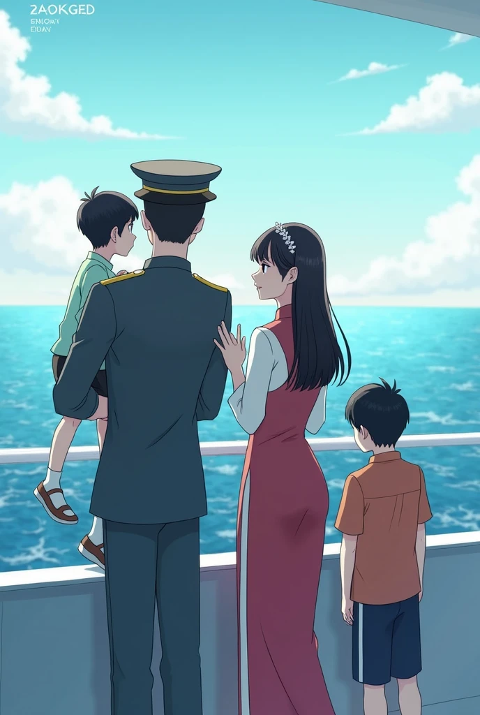 There were four people, including a young man, a young woman, and two boys, an -yeld bond a 3-year-old  The s were wearing casual clothes. Man wearing military uniform. Woman wearing a cheongsam. Everyone was standing on the observation deck watching the sea. With a man holding a young boy and an older boy standing between the man and woman.
