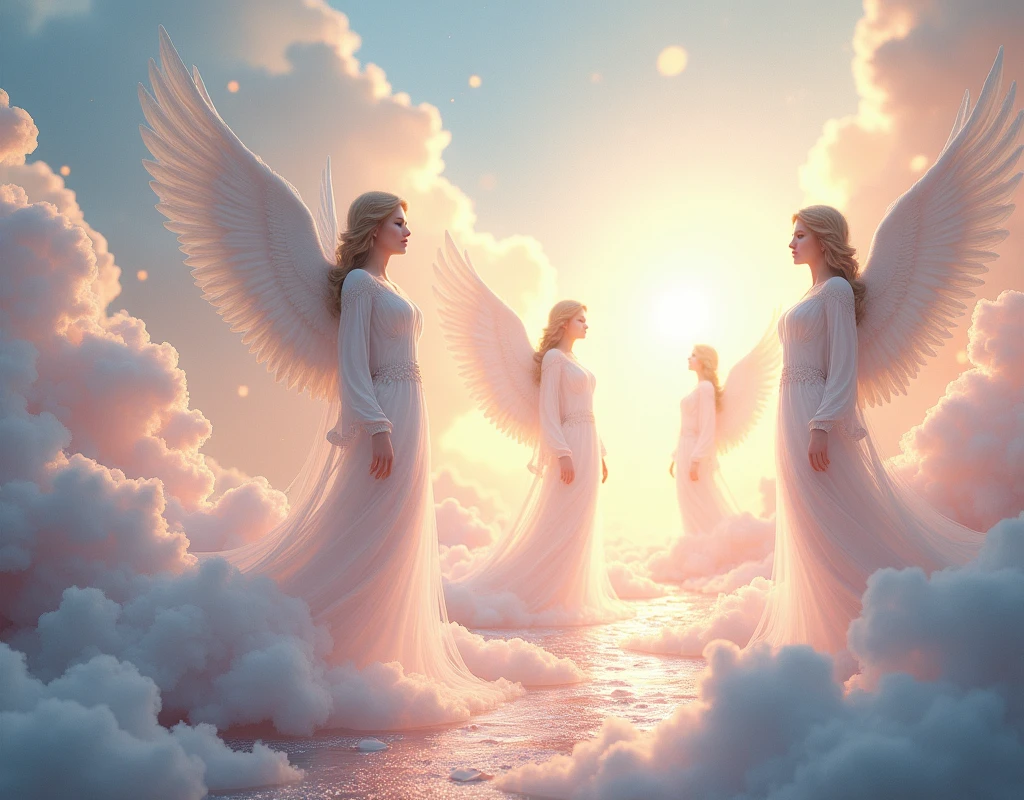Celestial Serenity: Tranquil, Ethereal, Pastel Hues, Mystical Figures, Divine Radiance