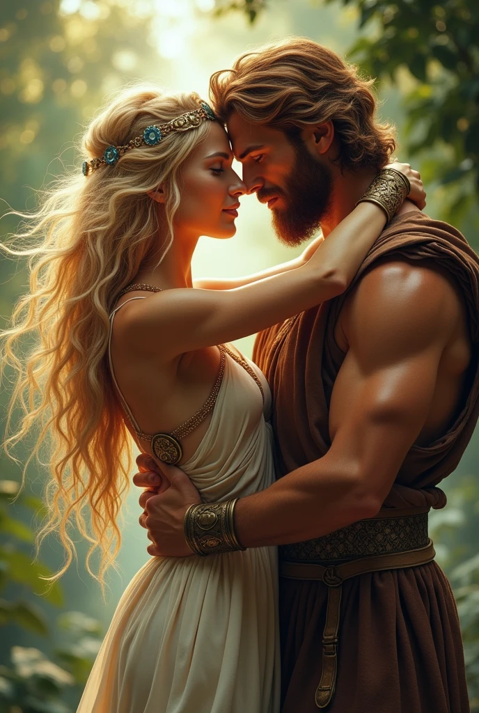 Antiope queen of the Amazons make her more beautiful like a blonde horse goddess and that she is embracing Theseus a brown-haired man 
