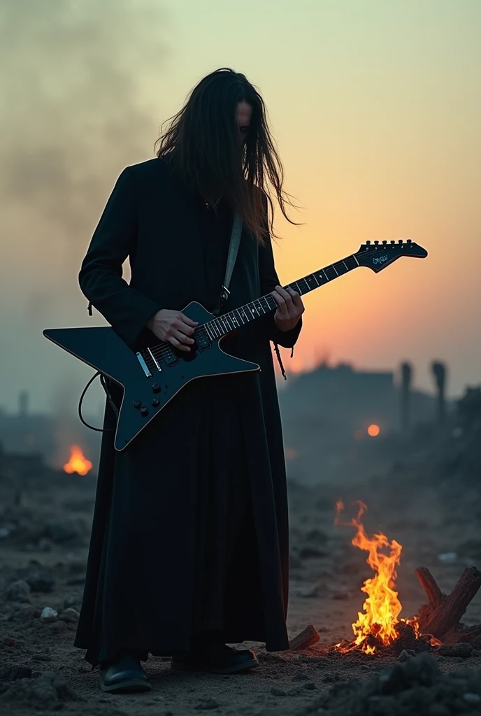 A long-haired man with his face hidden by his hair and black clothes playing a black jackson guitar in a DEVASTATED WORLD with embers on the ground at dusk with a thin cloud of smoke