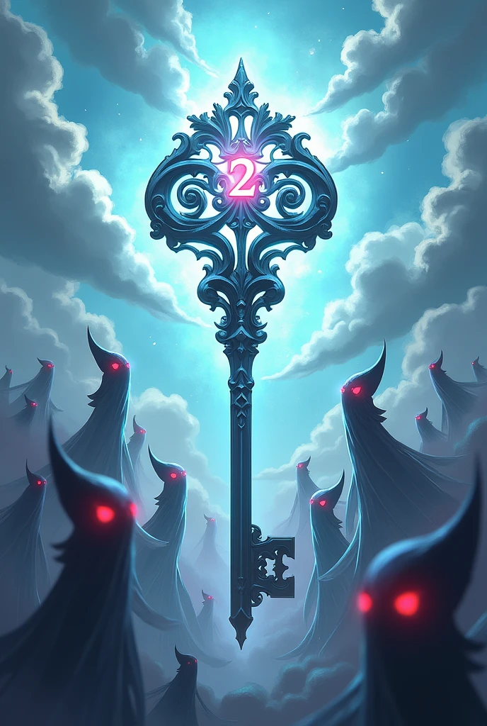 A second key,  with few clouds covering it,  spirit figures with red eyes are celebrating