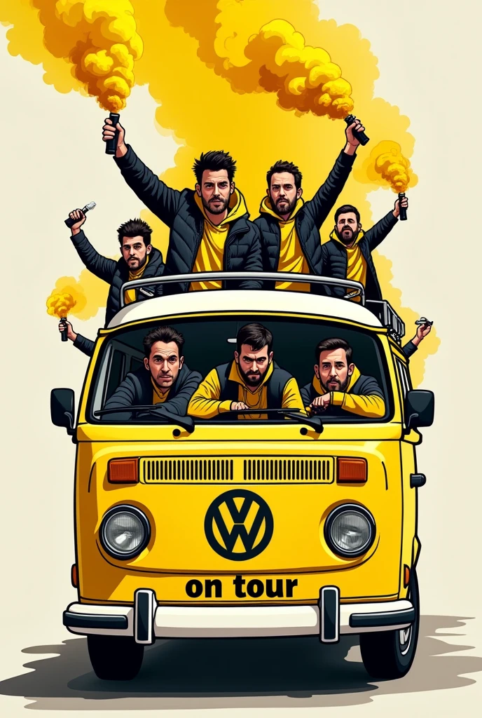 Simplistic cartoon image of a group of male supporters in the style of ultras hooligans in yellow and black jackets in a yellow Volkswagen combi with the words "ROUEN ON TOUR" written on it with yellow and black smoke bombs in their hands