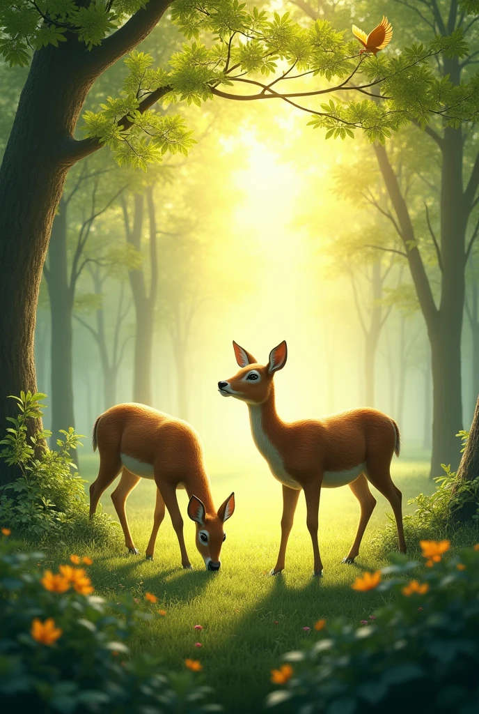 Imaginez une forêt au style realiste, au lever du soleil au printemps. La lumière douce du matin éclaire une canopée verdoyante, avec des arbres aux feuilles fraîchement épanouies. Deux biches, aux pelages bruns et soyeux, broutent paisiblement l'herbe tendre du sous-bois, tandis que des oiseaux chantent et virevoltent parmi les branches. La brume matinale se dissipe lentement, laissant place à une lumière dorée qui met en valeur la beauté tranquille de la scène.






