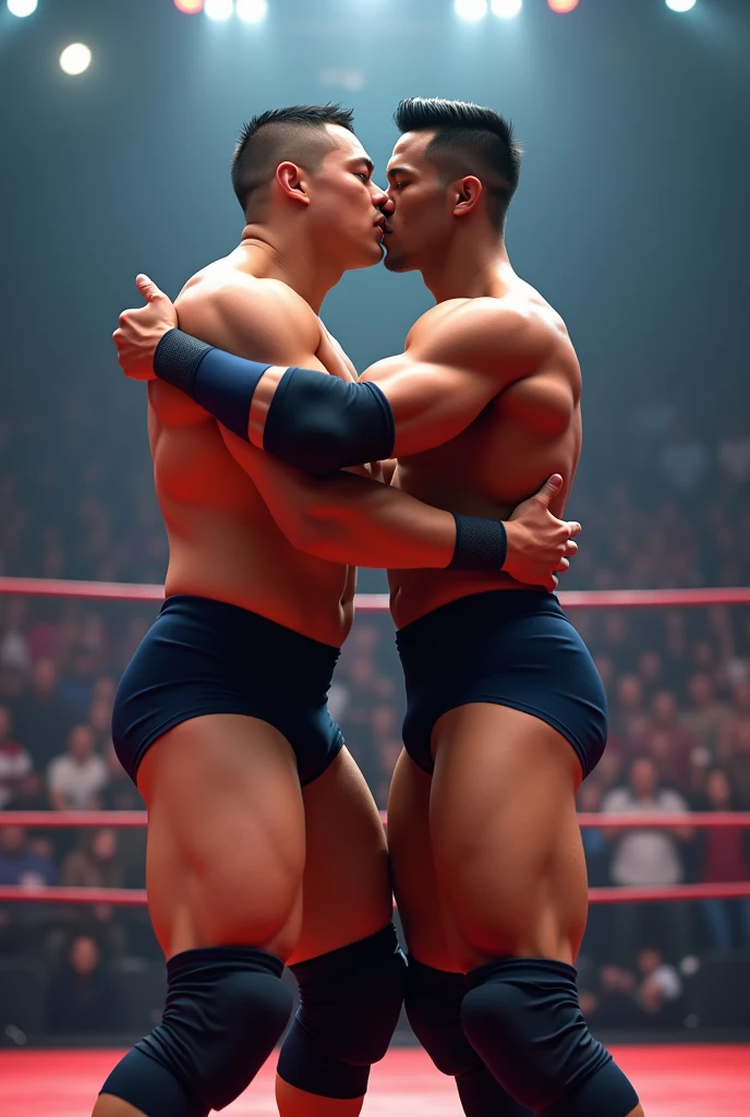 Professional wrestlers A and B are on the same team。
A is Asian。Muscular man with buzzcut。Wearing short tights。B is Asian。Short hair and dark skin、Wearing short tights。First-person view of the two people hugging and kissing after winning the match, Diversity,