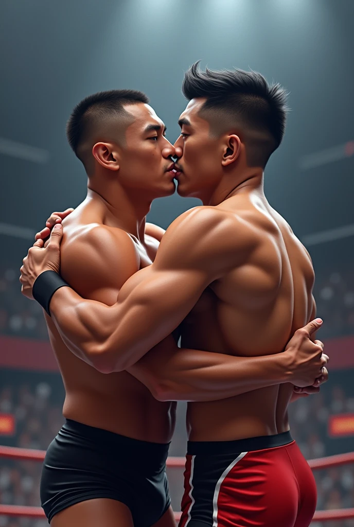 Professional wrestlers A and B are on the same team。
A is Asian。Muscular man with buzzcut。Wearing short tights。B is Asian。Short hair and dark skin、Wearing short tights。First-person view of the two people hugging and kissing after winning the match, Diversity, 