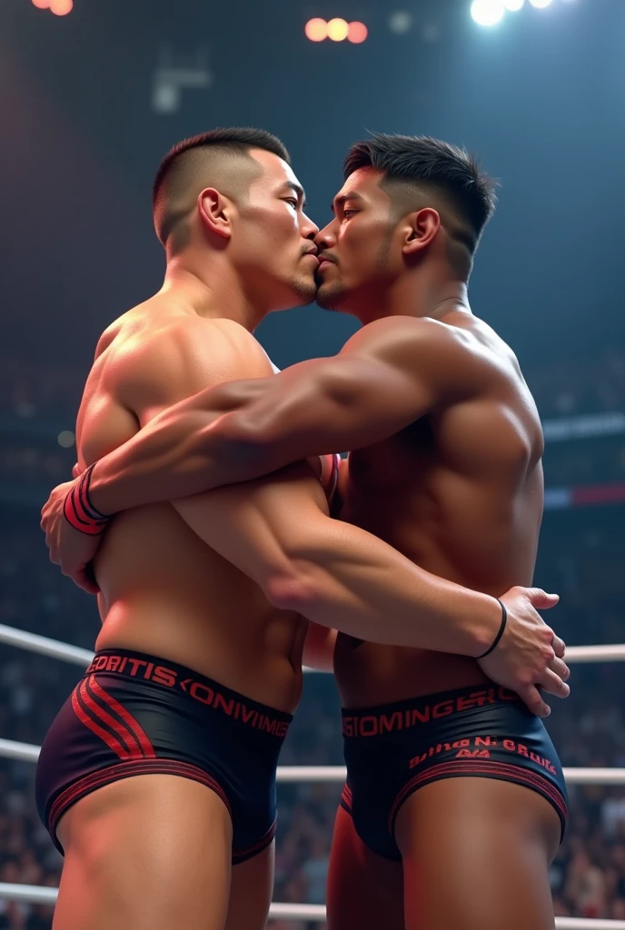Professional wrestlers A and B are on the same team。
A is Asian。Muscular man with buzzcut。Wearing short tights。B is Asian。Short hair and dark skin、Wearing short tights。First-person view of the two people hugging and kissing after winning the match, Diversity,