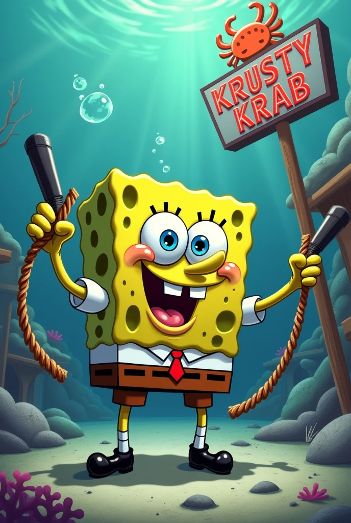 Sponge Bob in Bikini Bottom holding a whip in his hand dominating the Krusty Krab