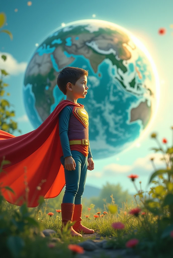 Create an image of a superhero child taking care of planet Earth 