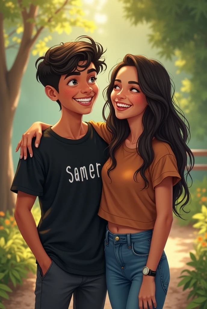 Boy and girl best friend pic, boy name  sameer and girl name Achal with his  name on black t shirt