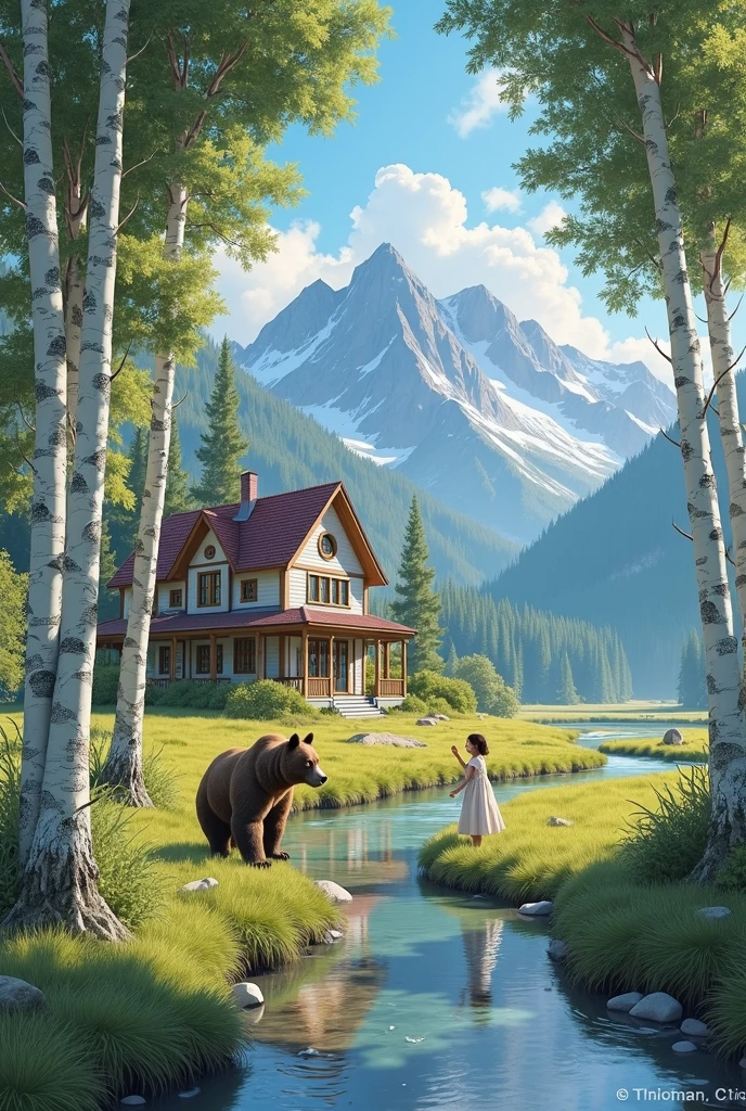 Birch Grove, the house is elegant, girl plays with a real bear, mountains around, the river is clean, sky is blue, high detail, A meadow, realistic picture, Drawing details.