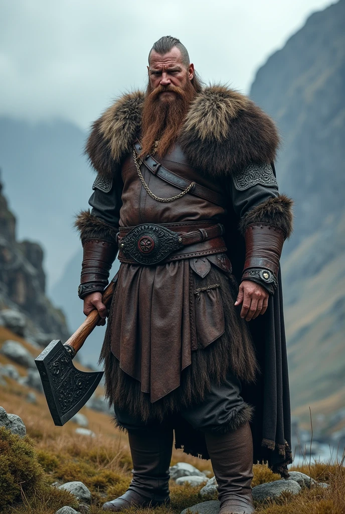 

Imagine a robust Viking, with long hair, a thick beard and a face covered in blood. He wears leather armor. In his right hand he raises an axe, with a sturdy wooden handle. The axe is double-edged and has an intricate design in the metal., with engraved Nordic symbols. The scene could be set in a rugged landscape, with mountains and a cloudy sky in the background, evoking the atmosphere of ancient Scandinavia.