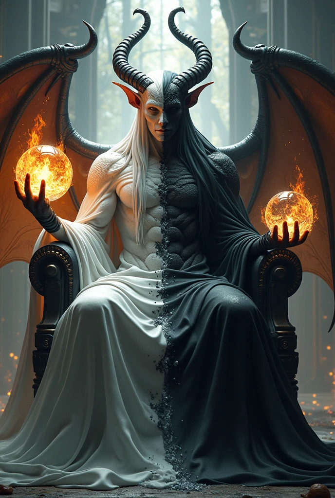 Demon has a half of blak nad half of white and his one hand on fire and one hand on water he sit on god
