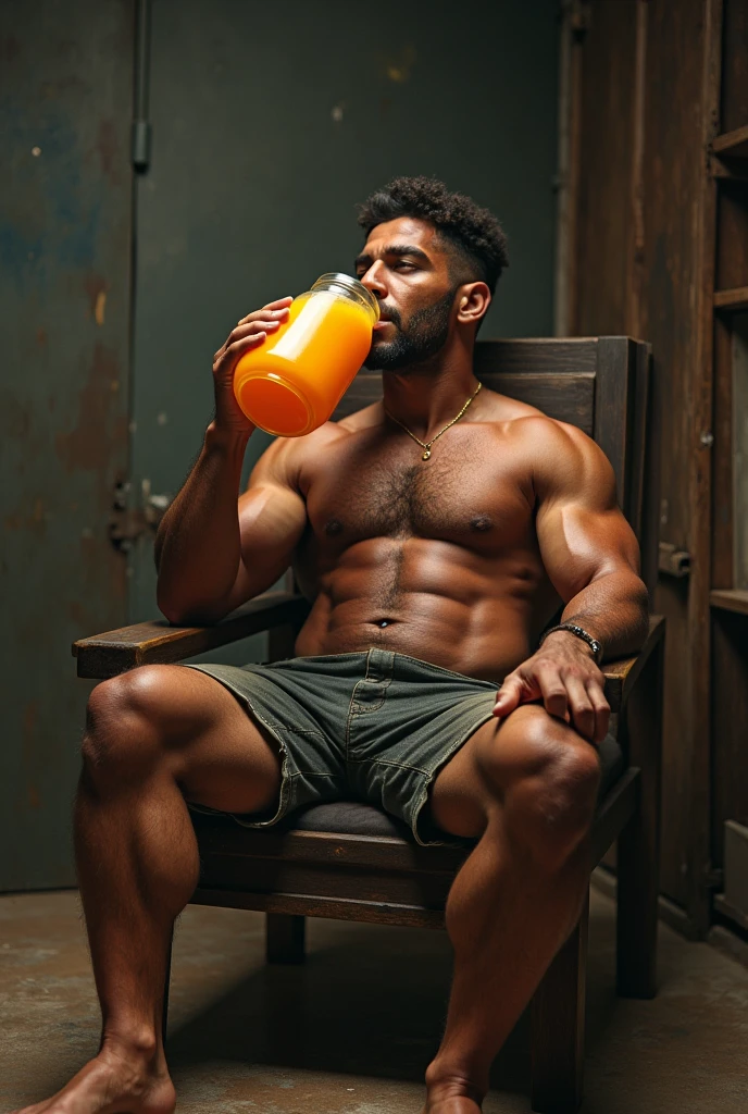 An overly muscular Jailson Mendes drinking a jug of orange juice while sitting on a rustic wooden chair 