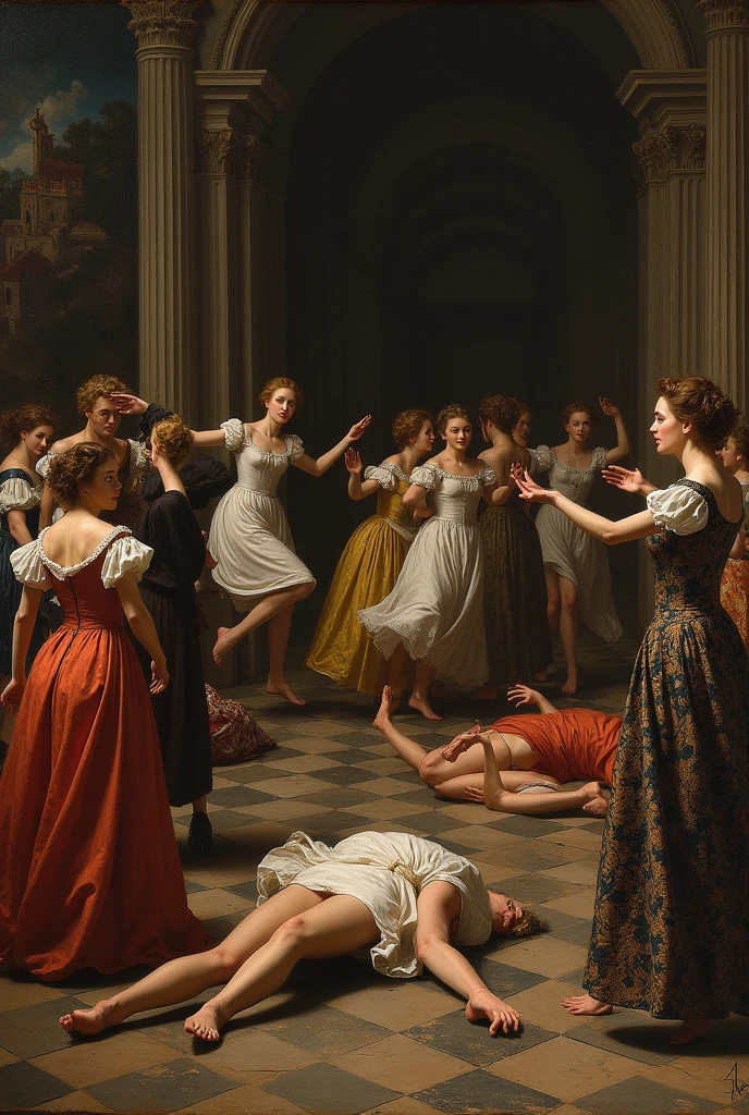 Some danced until they collapsed, and tragically, some danced to their deaths. ( Make image look like of 1500s people dancing and some are laying down due to death and some are still dancing tiredness)