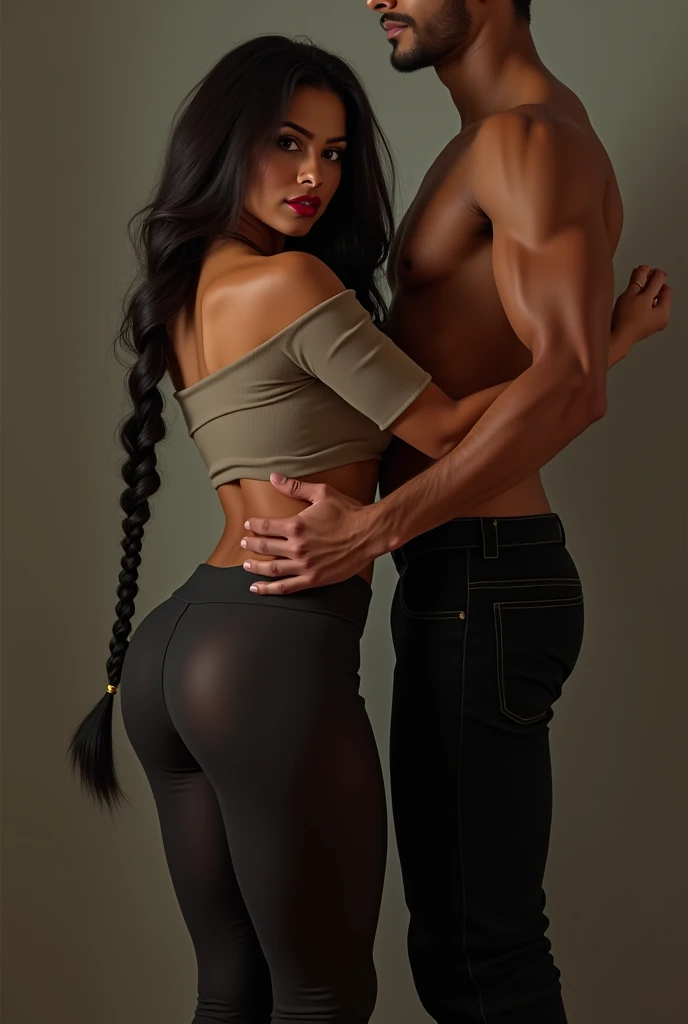 hot slim curvy white south indian milf with long single plaited hairstyle, big breast, big hip, very big ass, thick thighs, woman wearing loose-off shoulder top and leggings, bending over, sexy pose, looking at camera, man holding woman, tall man and short woman