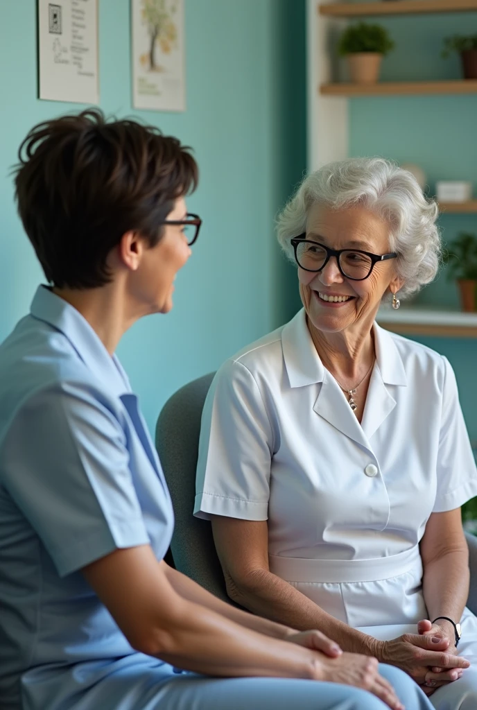 Two 60-year-old nurses, Women, one is wearing glasses and has short dark hair wearing old nursing clothes, the other with short curly light hair wearing nursing clothes, interviewing each other and looking happily at each other