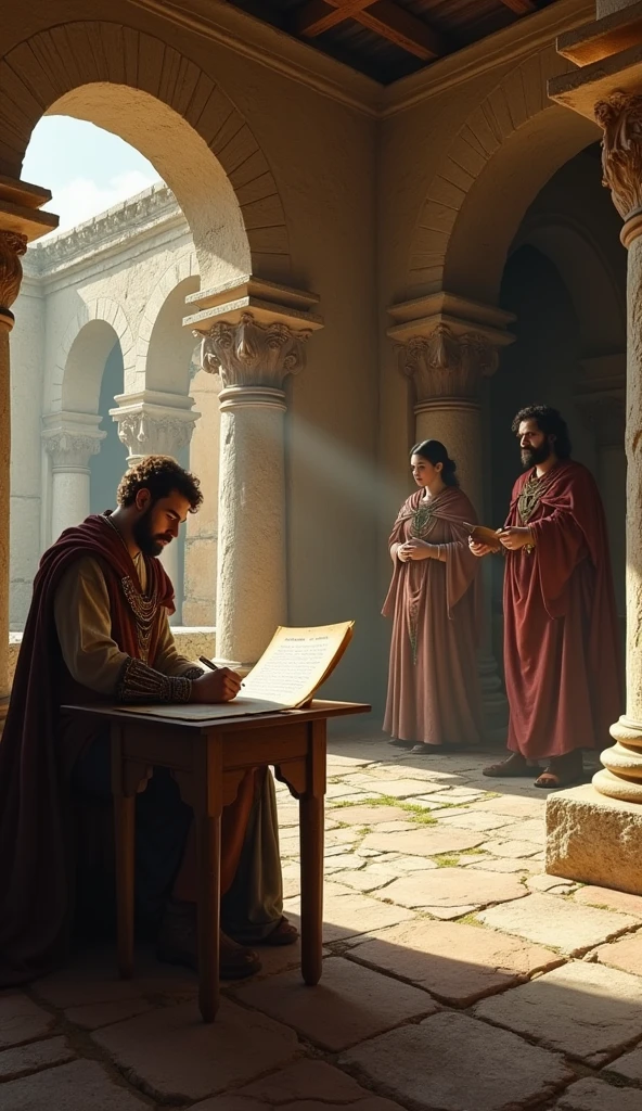 Lucius’ final report to the Chronos Guardians: A scene showing Lucius in a secluded, ancient Roman villa, writing a report on a scroll about the successful completion of his mission, with the shadowy figures of other Guardians in the background