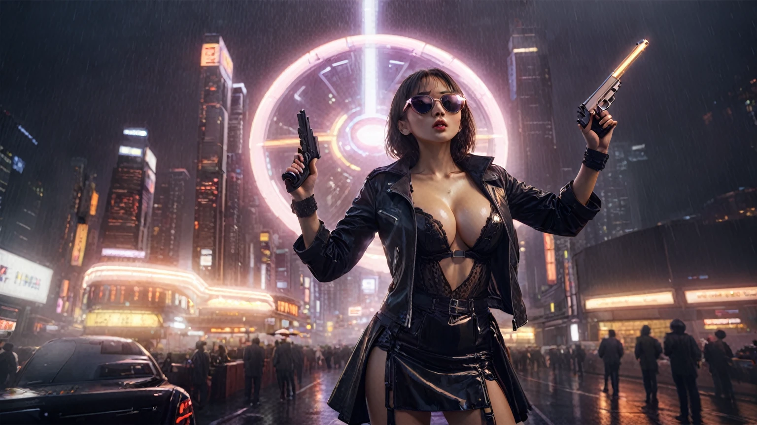 Blade Runner style futuristic Tokyo city, flying cars, neon lights, rainy night. (1girl, solo, alone), large-:1.2 slim:0.9 body, oval:0.8 face, cleavasexy laced linie, low angle view of miniskirt, jacket, (black micro sunglasses), (holding a short gun), half-body thigh level medium shot, cinematic lighting, ray tracing.