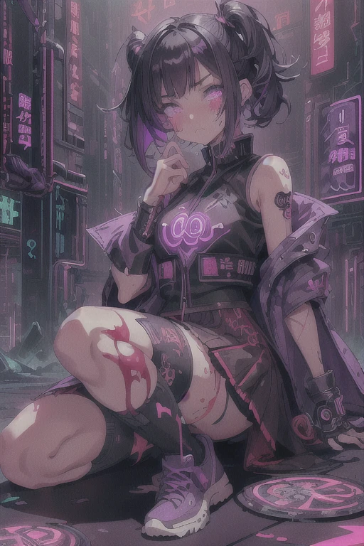 Cyberpunk anime. 1girl. Short black hair. Purple eyes. Purple highlights. White vest. Purple shorts and skirt. Laying on the floor. Blood is everywhere near her. Tears (tears 8) (blood 10) background is city. Neon. blood outside mouth. Scream