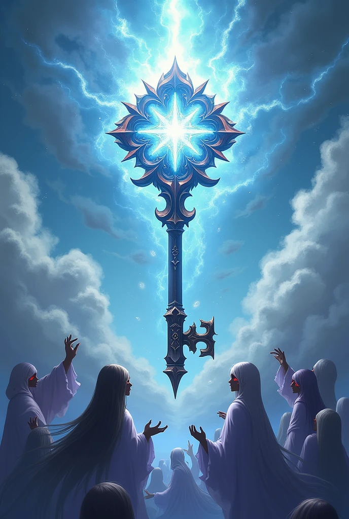 A second key, with few clouds covering it, spirit figures with red eyes are celebrating