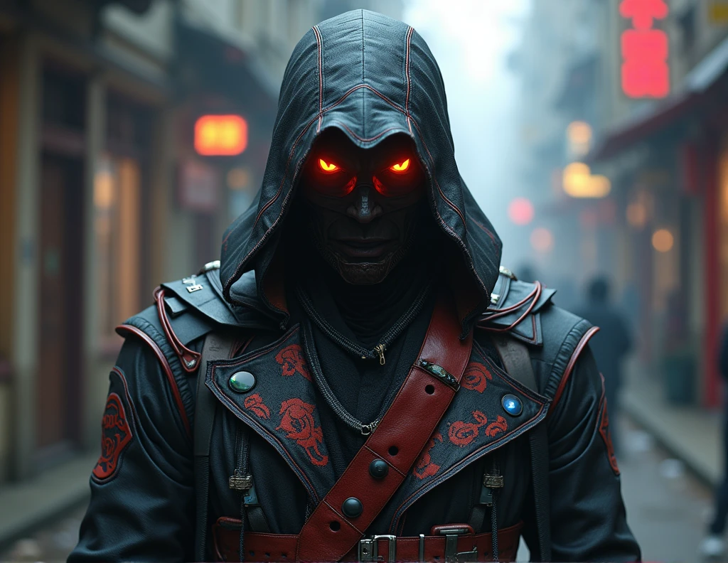 Absurd resolution, High resolution, (artwork: 1.4), super detailed, (((detailed face, detailed expression)) character inspired by Assassin's Creed, with hidden face, with flaming eyes, with details from cyberpunk 2077, written RenovaMente in clothes