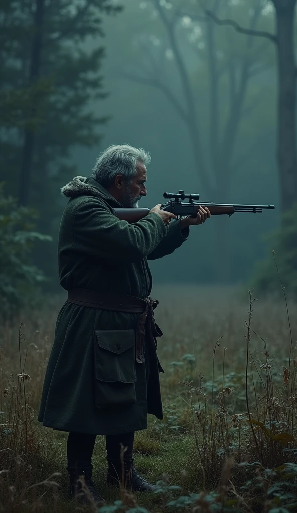 Jean Chastel, a french hunter, is ready to shoot the Beast of Gévaudan with his gun pointed. He is in a clearing in the forest, with the Beast in his sights. On the grass (or common) is visible, creating a metallic shine that contrasts with the dark and gloomy surroundings. The tension is palpable in the scene.