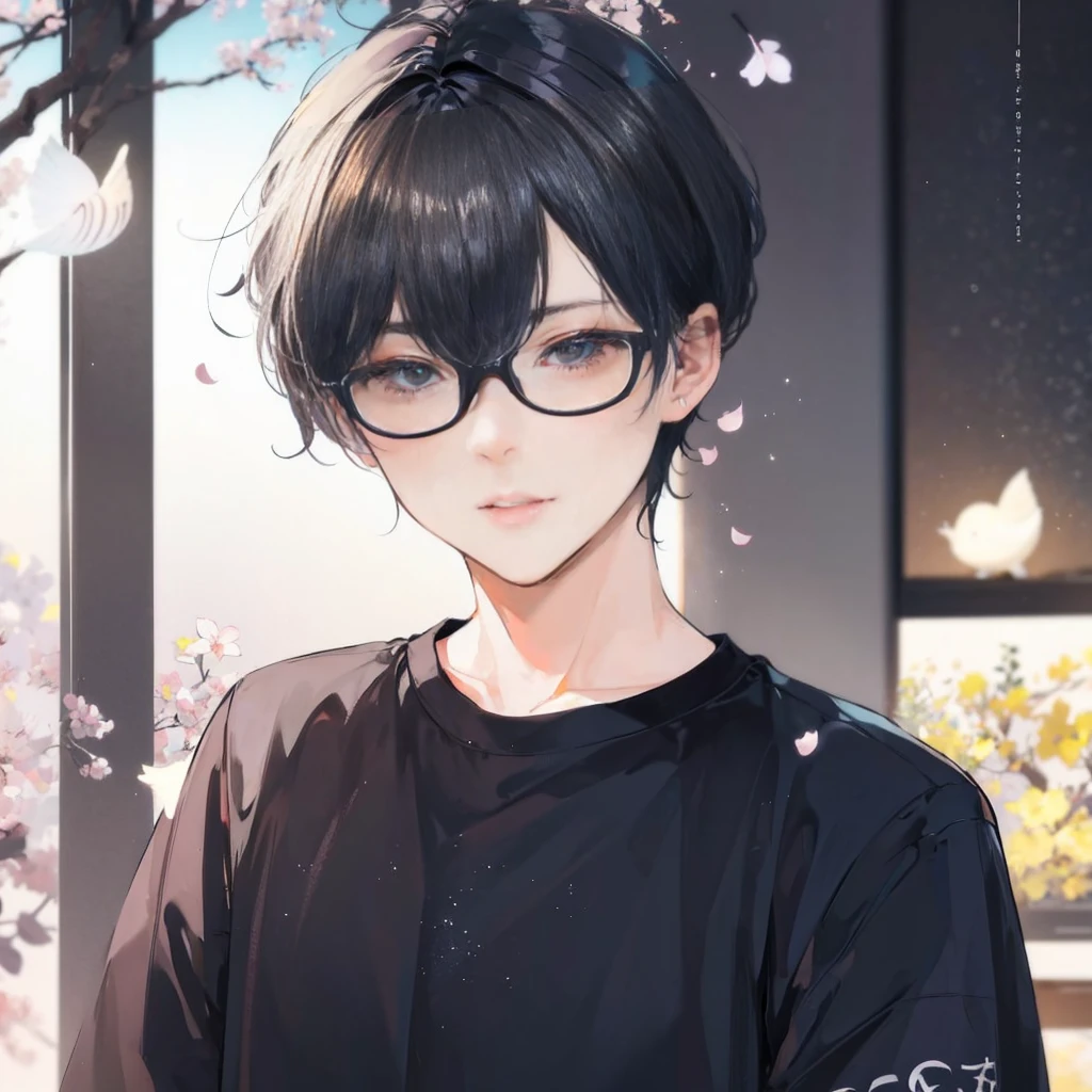 Young boy about 1 with dark navy blue hair and gray eyes and glasses, black t-shirt and an open white robe and black pants, a pianist who looks adorable, tender, cute and kawaii. ( sakura tree background ) 