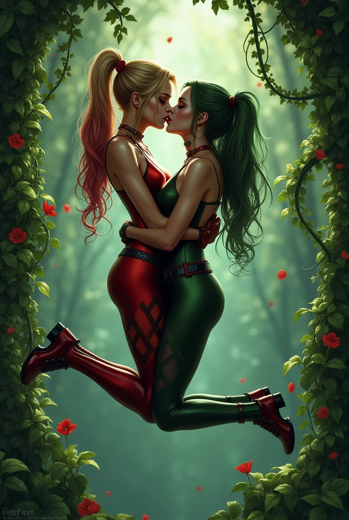 Harley Quinn and poison ivy girl hanging from vines kissing