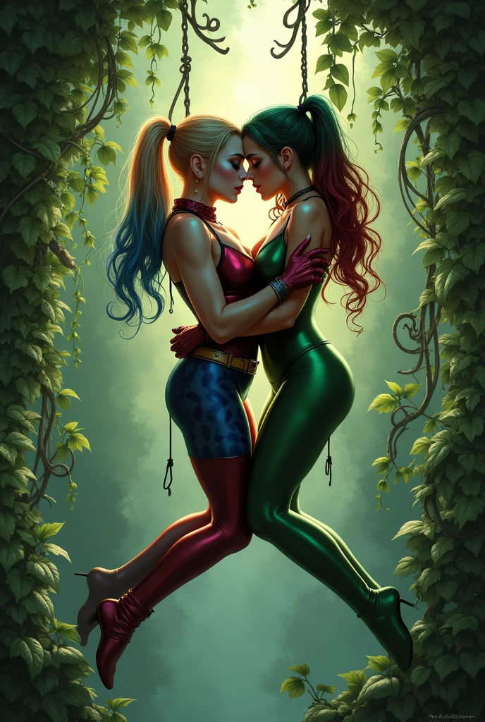 Harley Quinn and poison ivy girl hanging from vines kissing