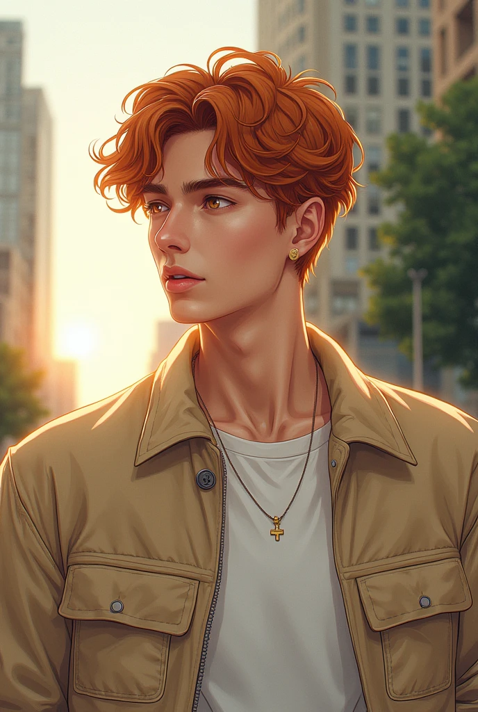 (comic) A young man, sideways. Short straight copper hair with waves. Amber and fine eyes, fine features, beige jacket and white shirt. clear skin, thick lanios. It's in the morning.