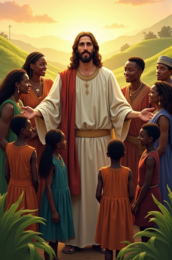 Jesus Christ with the people. Give a meaning of togetherness, East African background
