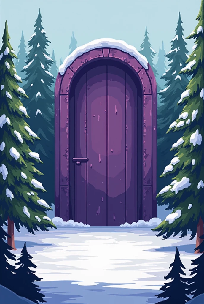 Spawns a large purple door with two pillars of the same color attached to the wall,
 opening from side to side and in front of the door there are pines and snow. I created all this with a video game-like pixelated style., similar to Undertale.