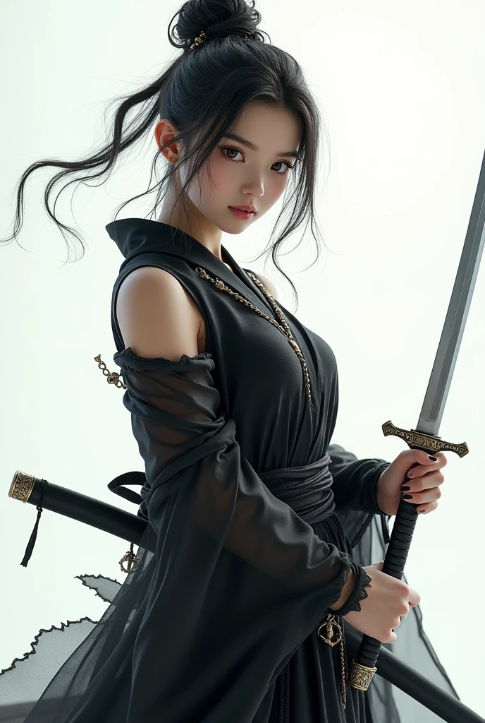 Highest quality, Realistic, Very detailed, finely, High resolution, 8k、Beautiful Japanese Ninja、with double teeth、A face with dimples、Delicate eyes、Facing forward、looking at the camera、White translucent torn clothes、Holding a sword