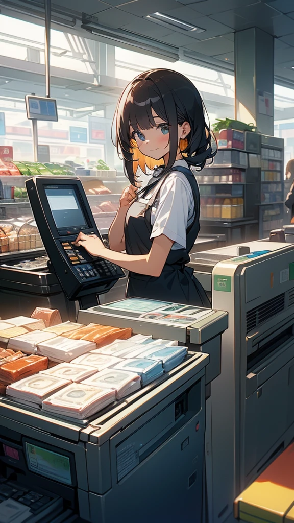 young woman,smile,((Standing inside the cash register)),Touching the cash register machine,Customer Service,((There is a cash register on the table)),(Scanning product barcodes at the cash register)),Each person has one register,Supermarket clerk,Wearing an apron,uniform,((Working as a cashier)),((There are multiple cashiers.)),((cashier,register,)),((Receive money from customers)),There are products on the shelves,In the supermarket,Bright interior,grocery store,There are customers.