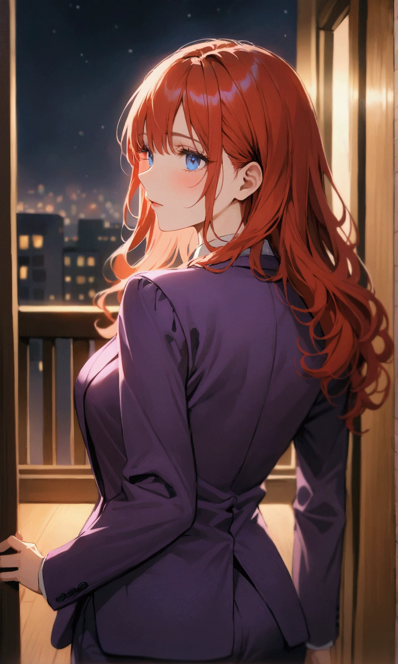 Woman with long red hair, blue eyes, purple suit turns her back on condo at night