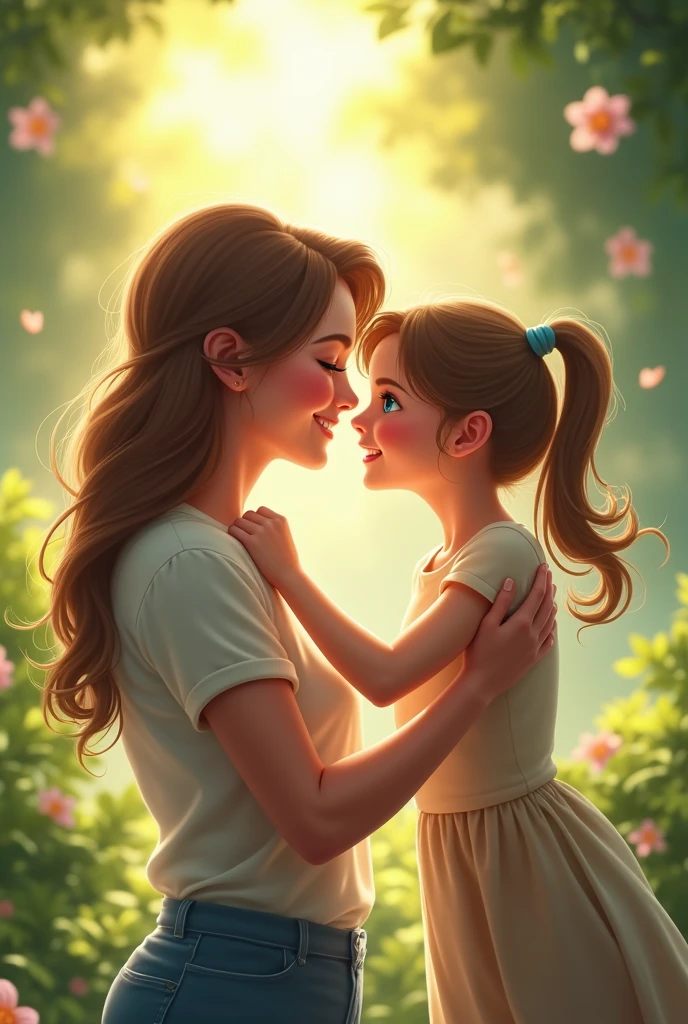 an adult woman, light brown hair and blue eyes, happy with her young daughter