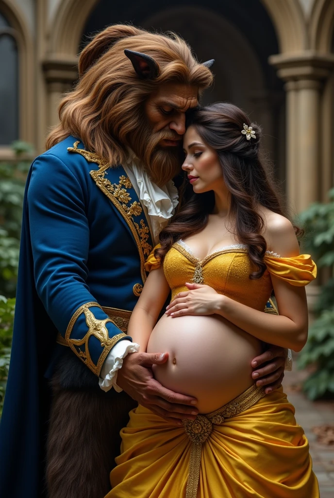 A stunning portrait of Belle from beauty and the beast, The beast is holding her, She is pregnant, holding her belly, location is Gothic Castle, young and beautiful, hyper realistic, real portrait, backlit, exquisite features, cleavage, sexy, seductive, natural light, soft light, nine months pregnant, large belly, embodiment of love, bare belly, mermaid