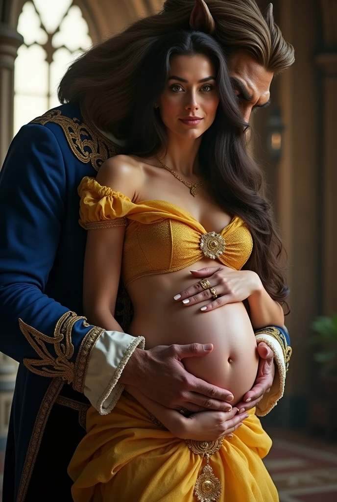 A stunning portrait of Belle from beauty and the beast, The beast is holding her, She is pregnant, holding her belly, location is Gothic Castle, young and beautiful, hyper realistic, real portrait, backlit, exquisite features, cleavage, sexy, seductive, natural light, soft light, nine months pregnant, large belly, embodiment of love, bare belly, mermaid