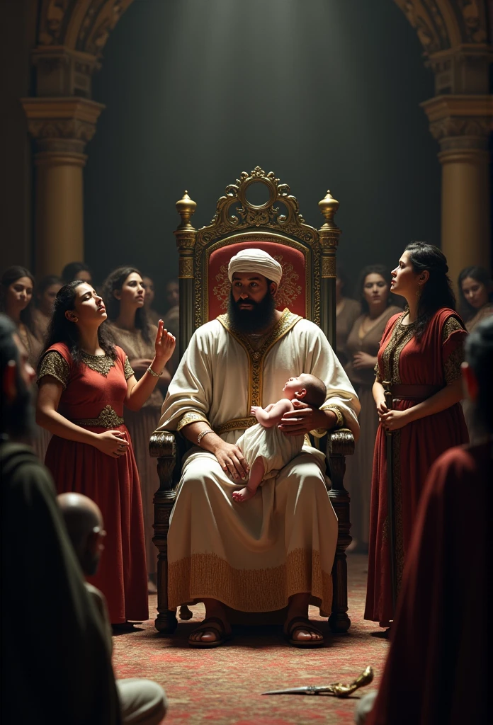 Para criar uma imagem que retrate a história de Solomon, Considere os seguintes elementos: 1. **Scenario**: A royal court, com Solomon sentado em um trono elevado, surrounded by nobles or advisors. 2. **Personagens**: - Solomon, dressed in royal clothes, showing an expression of wisdom and firmness. - Two women, one with a distressed appearance, holding a baby and another with a look of despair or anger. 3. **Action**: - A sword on a nearby table, symbolizing the suggestion of cutting the baby in half. WITH THE SOLDIER OF SOLOMON WITH THE BABY IN HIS HANDS ABOUT TO CUT THE BABY - The real woman, with an expression of love and pain, begging for the baby not to be hurt. 4. **atmosphere**: A tense environment, with the crowd watching, reflecting the gravity of the situation. Esses elementos ajudarão a transmitir a essência da história de Solomon e seu julgamento sábio..(best qualityer,4K,8k,highres,master part:1.2),ultra detali,[realisitic,Fotorrealisitic,fotorrealisitic:1.37] portraits, [Dark and mysterious colors], [Subtle and dim lighting], [vintage and antique texture] in 1 Kings 3:16-28. Duas mulheres vieram até o rei Solomon, each claiming to be the mother of a newborn baby. They had both recently given birth., but one of the babies died during the night.

Each woman claimed the living baby was hers., leading to a stalemate. To resolve the dispute, Solomon sugeriu que trouxessem uma espada e cortassem o bebê ao meio, giving half to each woman. The real mother immediately opposed the idea., asking that the baby be given to the other woman, because I would rather see him live than see him die. Solomon, Then, discerned that this woman was the real mother, because her genuine love for her son led her to give him up. Thus, he gave the baby to her and the fame of her wisdom spread throughout all Israel.