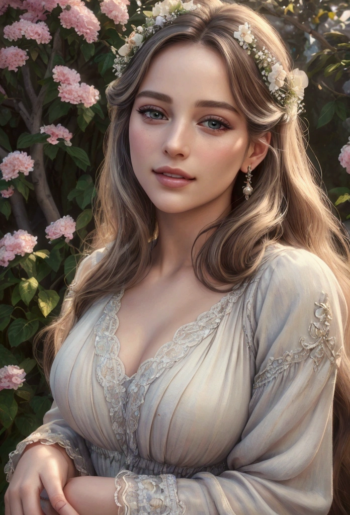 (highest quality,4k,8k,High resolution,masterpiece:1.2),super detailed,(realistic,photorealistic,photo-realistic:1.37),detailed and beautiful eyes,dense and beautiful lips,highly detailed eyes and face,long eyelashes,[garden, Bright colors,soft natural light,romantic atmosphere,vivid flowers, flowing dress,feminine and elegant pose,Happy and confident look, High fashion style, Dreamy scenery, fine art portrait, art print quality, oil painting techniques, impressionist style.beautiful teeth alignment