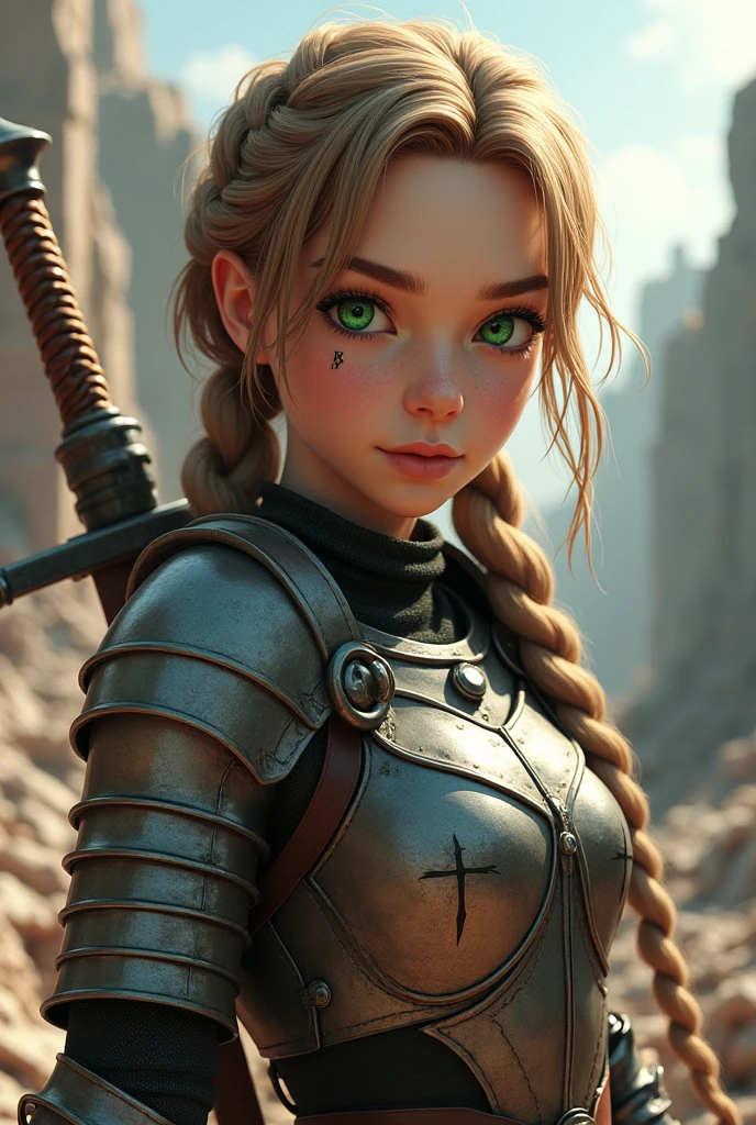 girl with light brown hair, with medieval armor, with braided hair, and a cross tattoo under the eye. the emerald eye, White skin, and a sword on his back, in a post-apocalyptic world. animedo 3d
