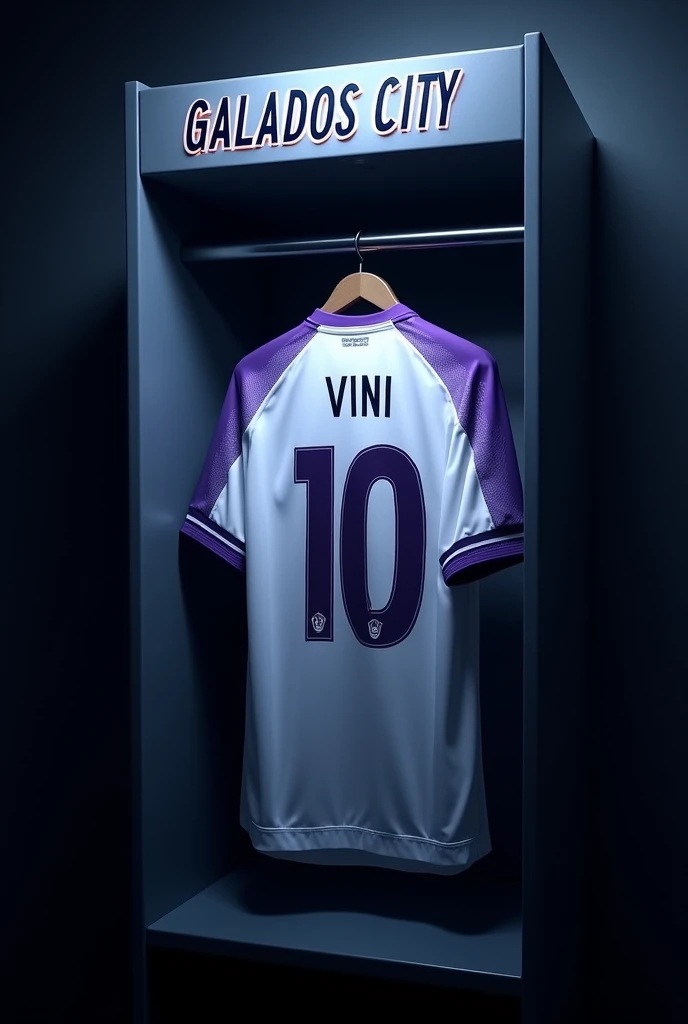 football locker room with a football player&#39;s cabin ( There should be no person in the image) In this cabin there will be a white shirt with purple details on the collar and sleeve. The shirt must be showing the back with the name VINI highlighted and the shirt number must be number 10., the cabin at the top must contain the name of the club which is GALADOS CITY, all ambient light must be off, only the light of the sign with the name GALADOS CITY and a low light above the shirt indicating prominence must be on 