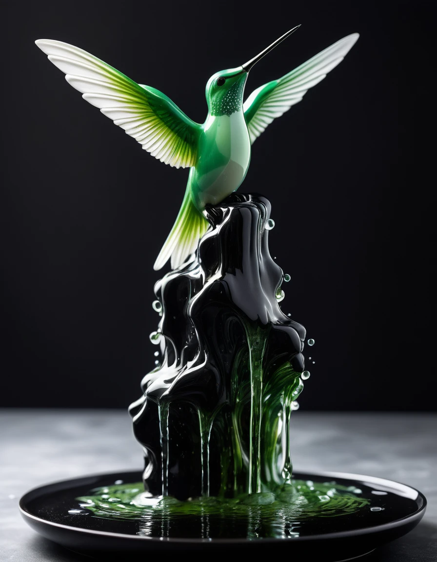 Incredible surreal sculpture, (On a black porcelain stone a white porcelain hand) with fingers together, The hand is turned palm up, ((in the palm)) ((light green transparent water)), ((water flows)) down ((through the fingers on the palm and drips)), ((drops of water turn into green hummingbirds)), hummingbirds fly away to the sides, View from the side. Upper angle. Distance 1 meter. Work of a brilliant sculptor. Surrealism. Distortion of space. Illusion
