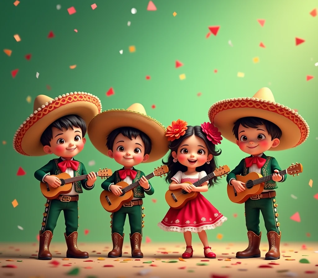 4  facing front wearing traditional Mexican independence clothing playing mariachi instruments, Boys dressed as charros and girls dressed as adelitas with flowers, celebrating on green gradient background, confetti, a mexican party