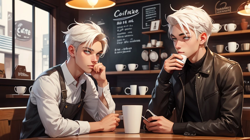 Single photo of a cute young man with white hair and grey eyes drinking coffee in a coffee shop.