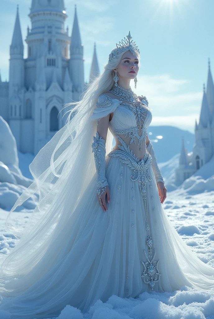 A beautiful ice queen who lives in a castle on a glacier。The beauty of white porcelain。Silver, diamond and pearl jewelry。Accompanied by the Ice Warriors and the Ice Silver Wolves, she is noble and elegant.。