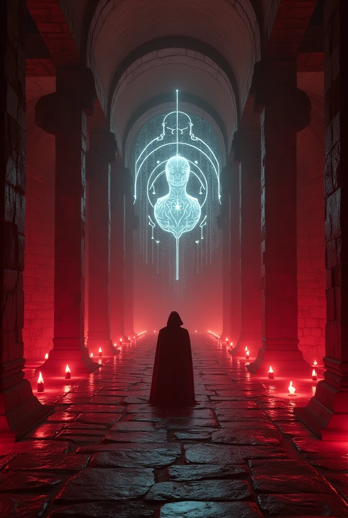 Inside of an very dark ancient Sith temple from Star Wars, red torches, there are many books and one Hologram, majestic, dark atmosphere, frightening, scary, ultra-realistic