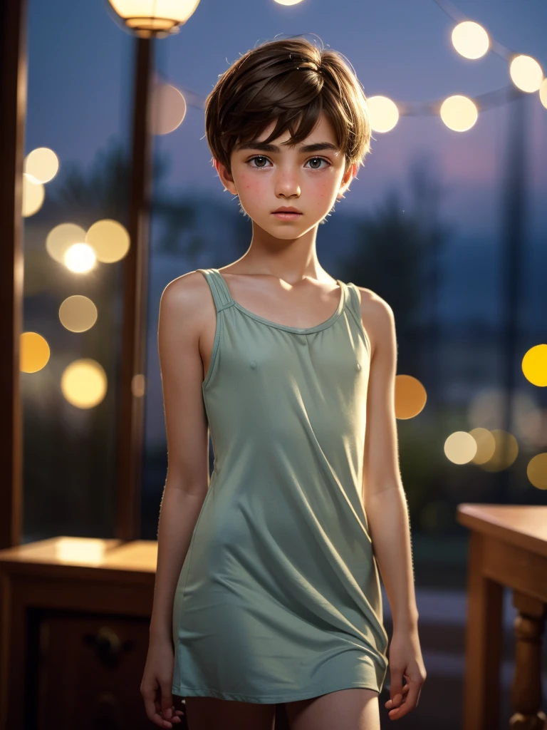 A beautiful introverted European boy wearing a short light plunging dress, **-*****-***, thigs, high detail face, high detail skin, flat chest, 8k, HDR, high resolution, photo-realistic, cinematic lighting, depth of field, bokeh, rim lighting, backlit, cool colors, night, 8K