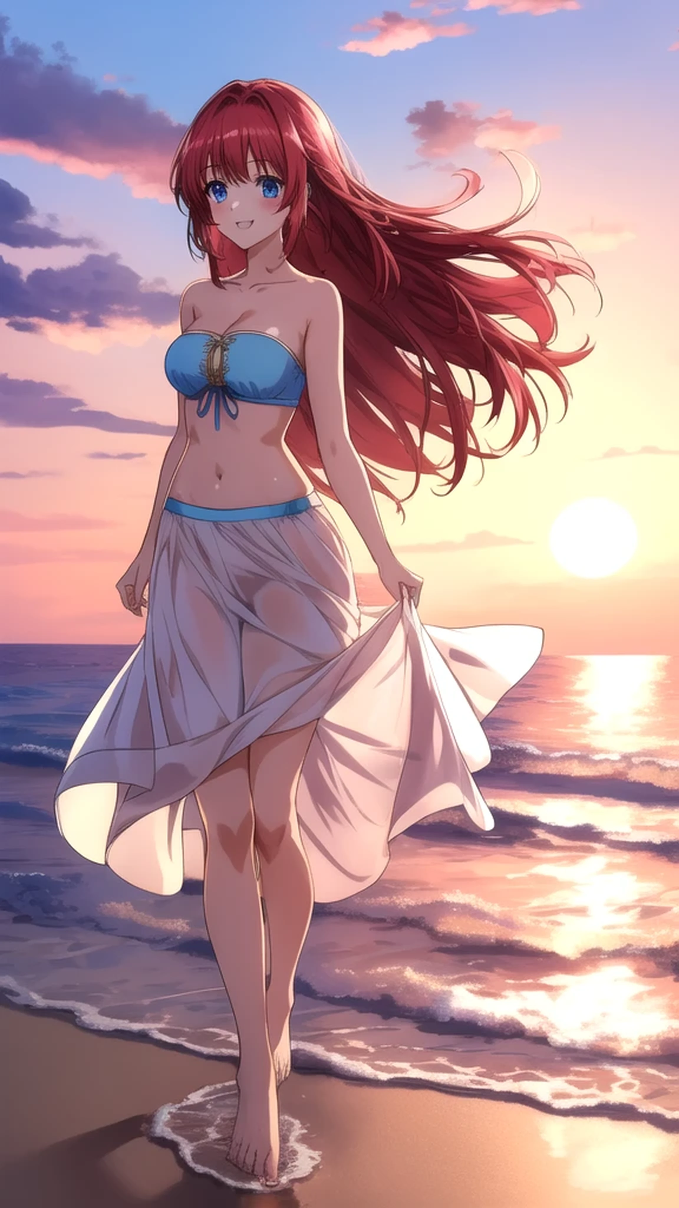 kotorishirakawa, ((masterpiece, best quality, highres, distinct_image)), extremely beautiful and delicate, extremely detailed, intricate detail, 1girl, solo, short stack, huge breasts, red hair, long hair, straight hair, Blue eyes, BREAK pink bandeau bikini, Cute Smile Open your mouth, Are standing, (She walked along the beach in the sunset, her bare feet touching the water, the closest she came to seeing that smile:1.1), barefoot, Two Arms, (cinematic angle:1.1),